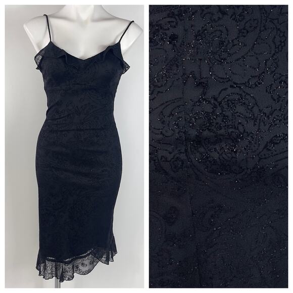 Vintage Dresses & Skirts - y2k 90s Whimsigoth Asymmetric Slip Dress Medium Black Lace USA Empire Waist